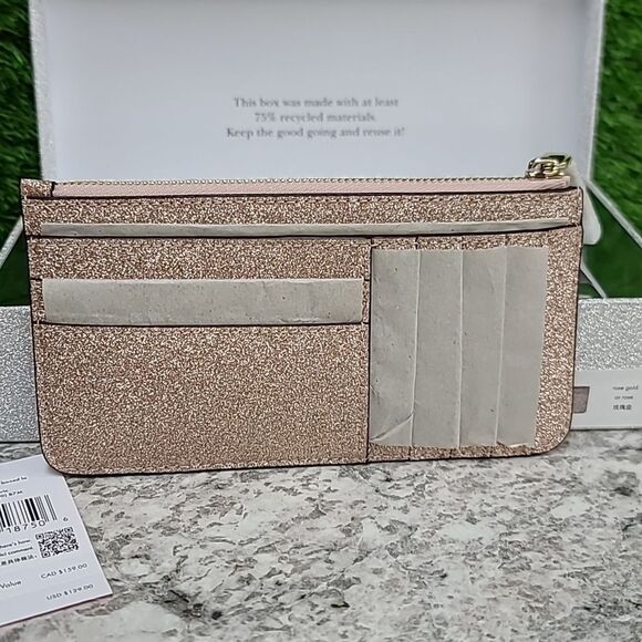 Kate Spade Wallet Tinsel Boxed Large Slim Card Holder in Glitter, Rose Gold - Picture 5 of 14